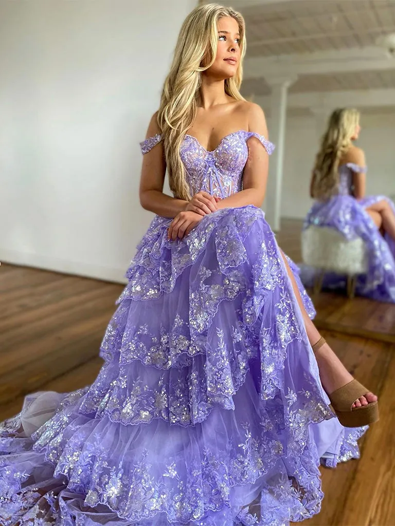 Purple Off Shoulder Sequin Long Prom Dress, Purple Formal Dress