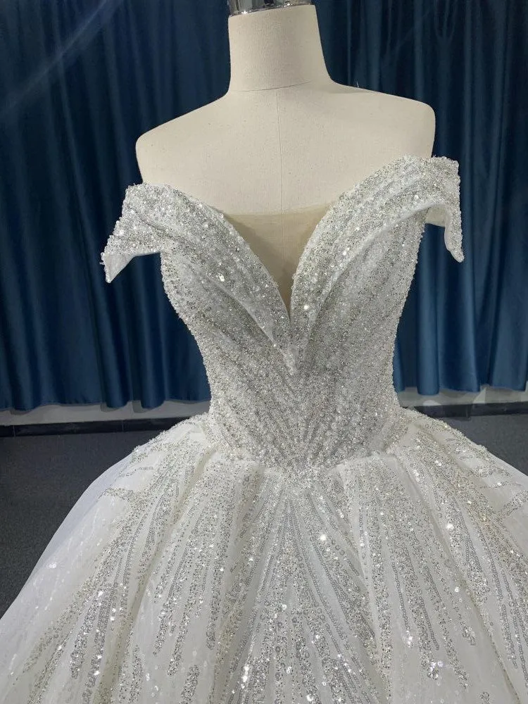 #R2026 Sequined Lace Princess Wedding Dress With Back Strap