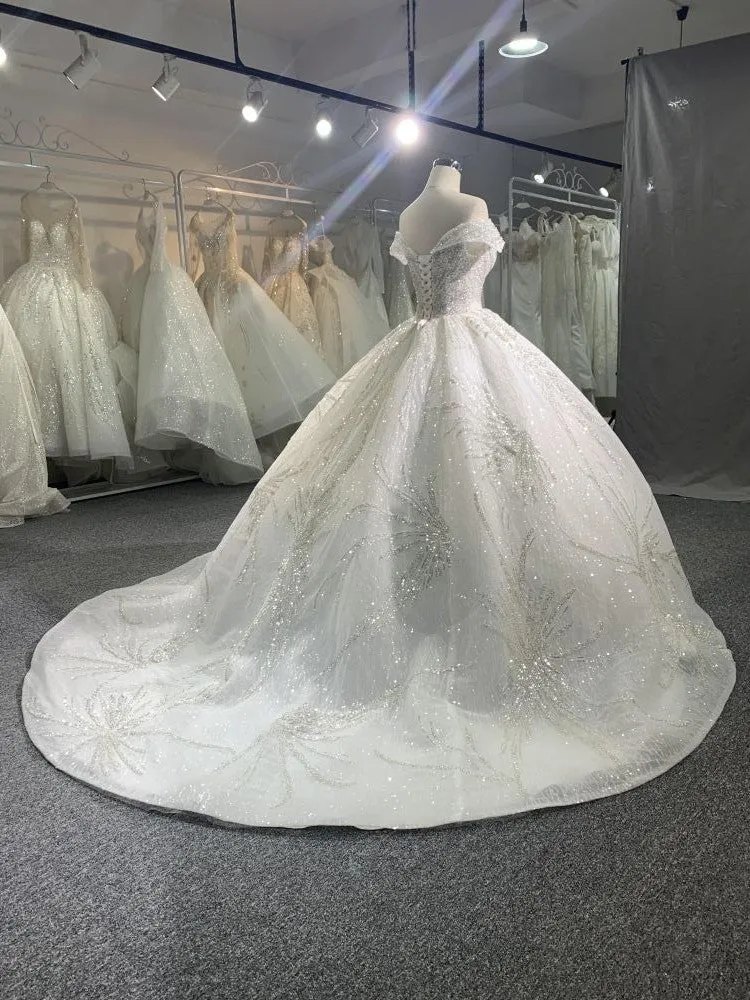 #R2026 Sequined Lace Princess Wedding Dress With Back Strap
