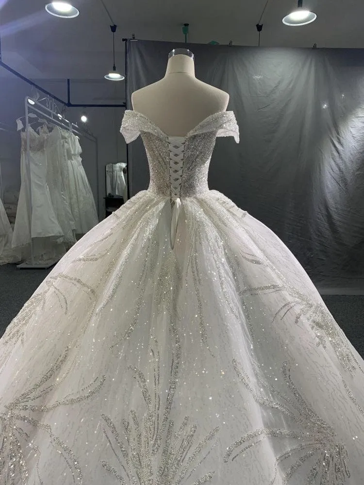 #R2026 Sequined Lace Princess Wedding Dress With Back Strap