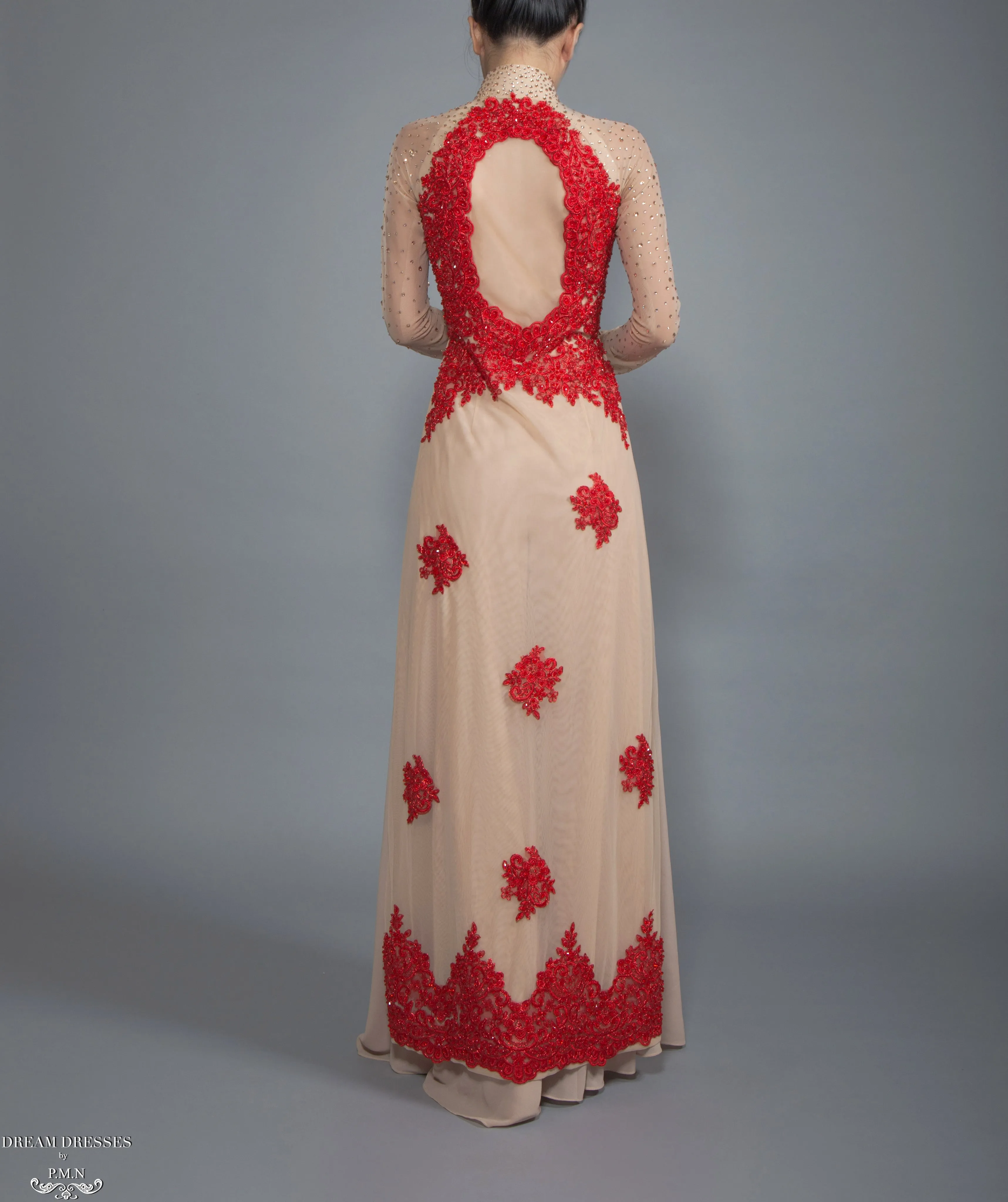 Red and Beige Ao Dai | Vietnamese Lace Bridal Dress (#CALIANA)