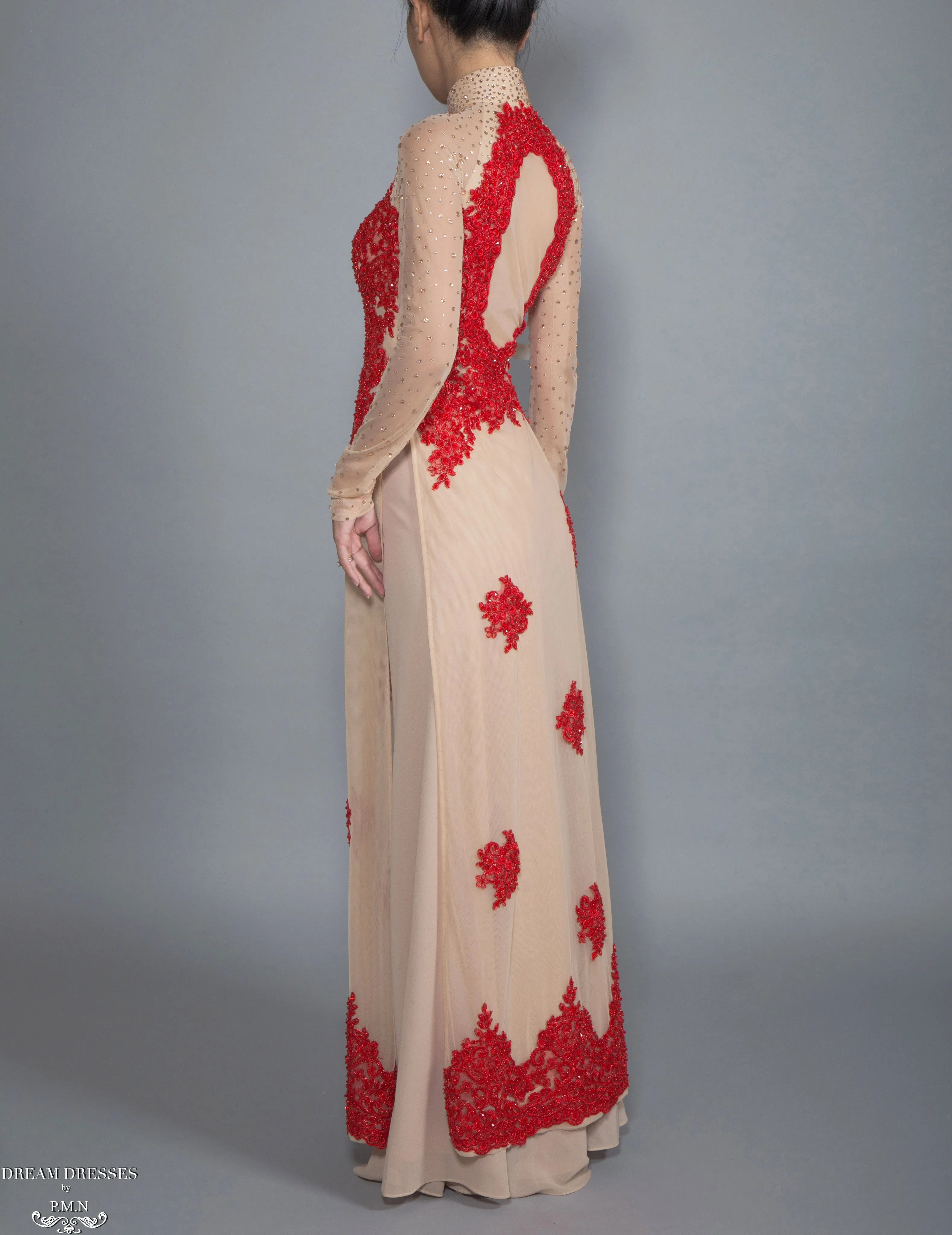 Red and Beige Ao Dai | Vietnamese Lace Bridal Dress (#CALIANA)