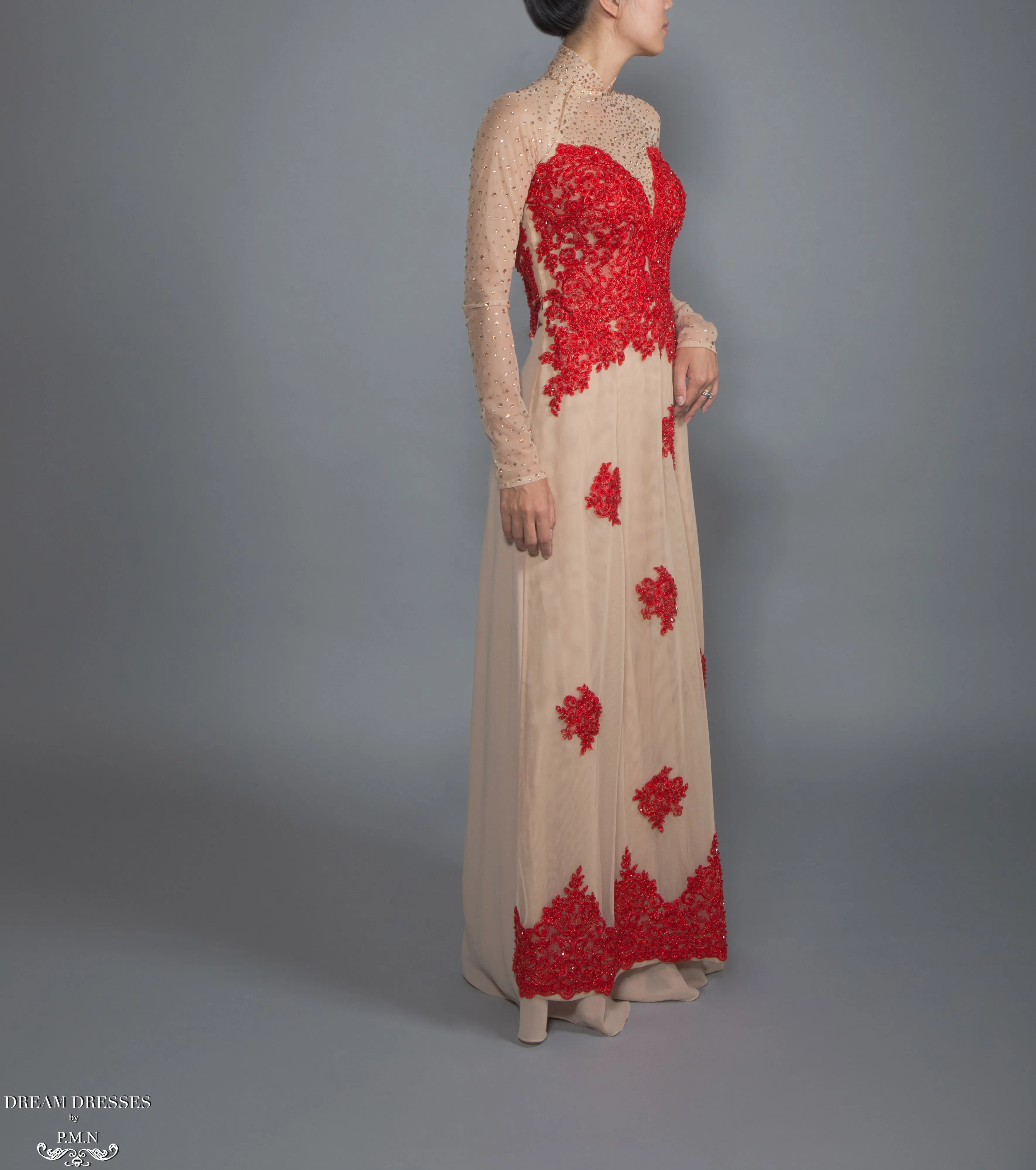 Red and Beige Ao Dai | Vietnamese Lace Bridal Dress (#CALIANA)