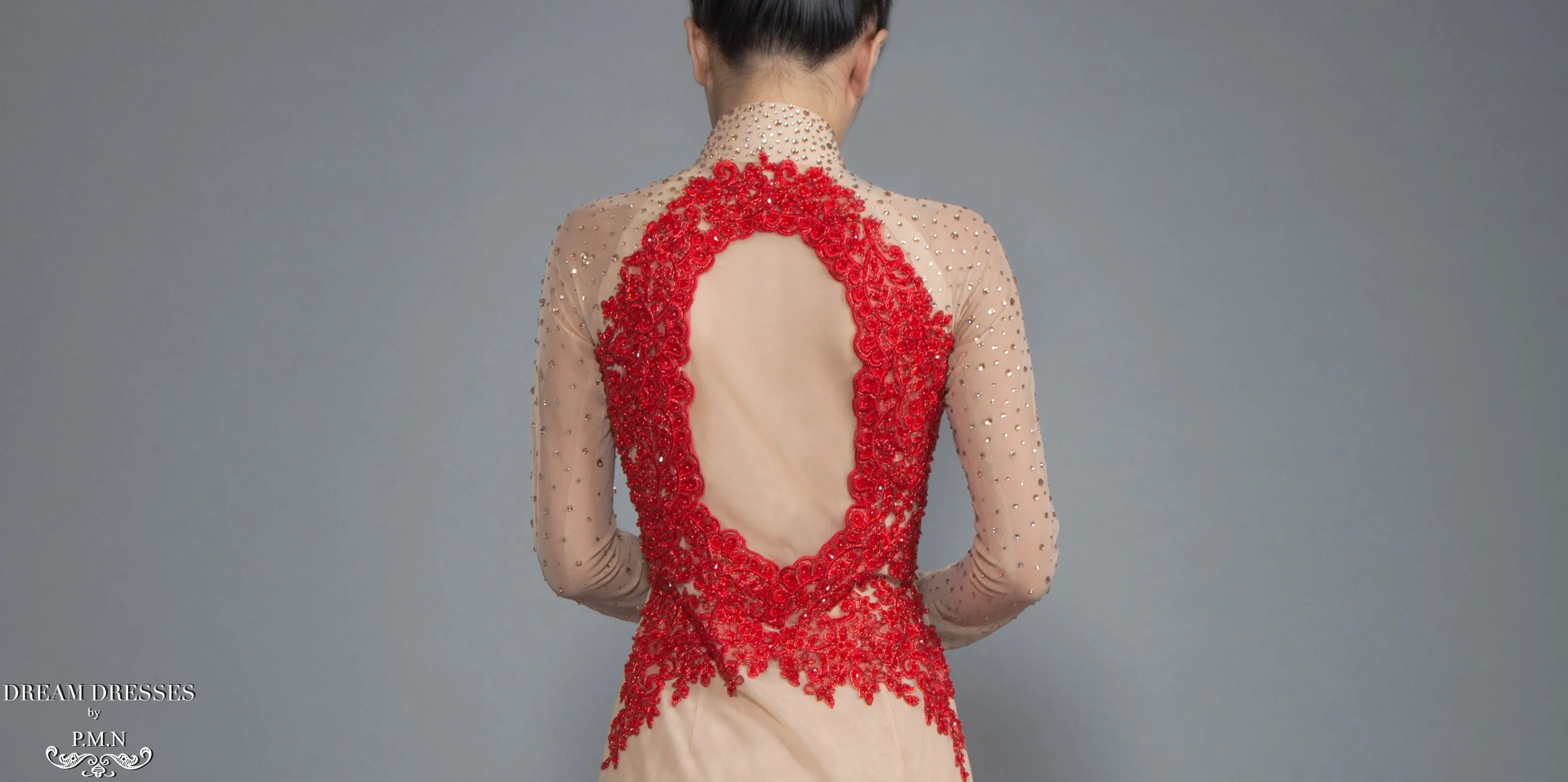 Red and Beige Ao Dai | Vietnamese Lace Bridal Dress (#CALIANA)
