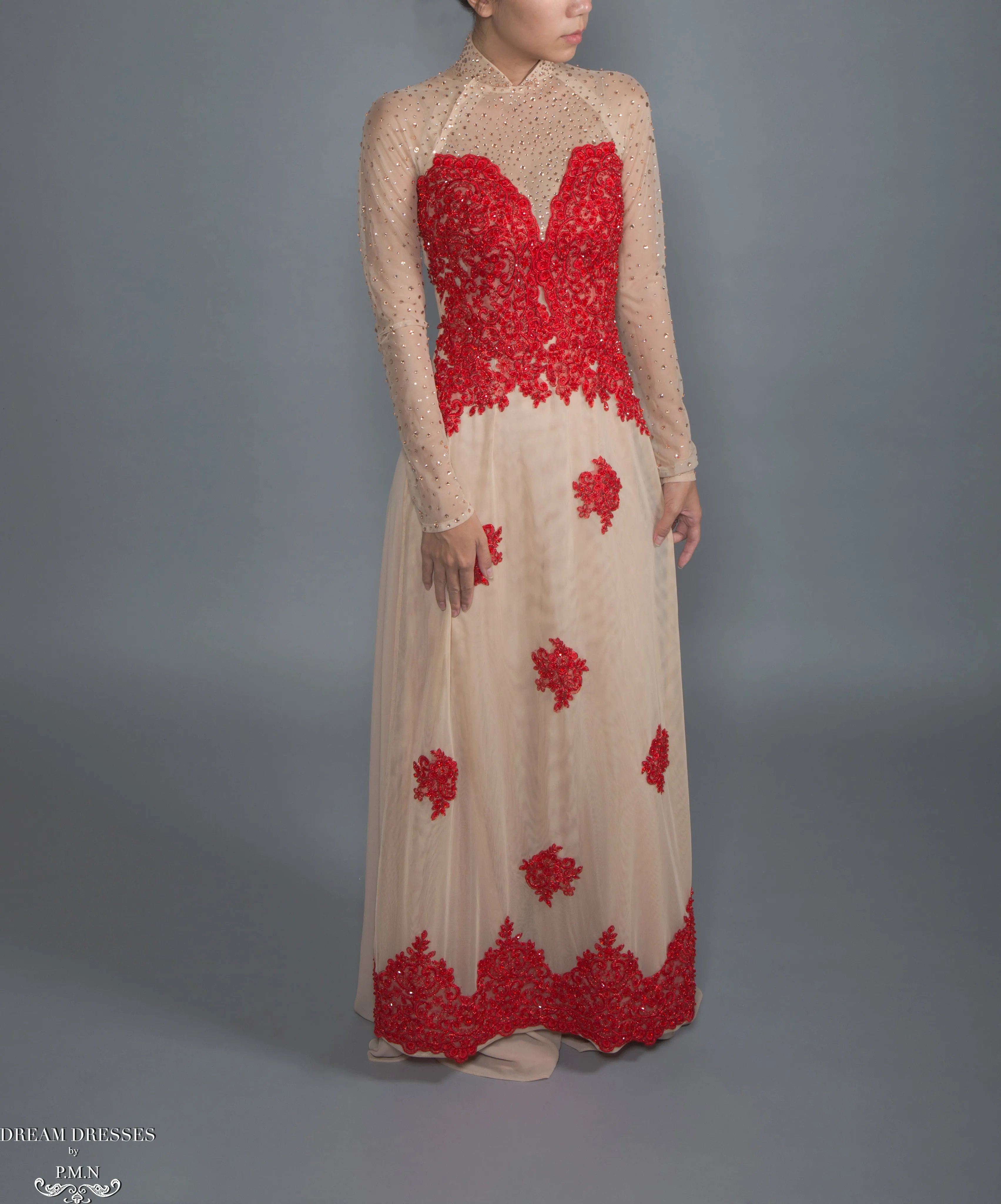 Red and Beige Ao Dai | Vietnamese Lace Bridal Dress (#CALIANA)