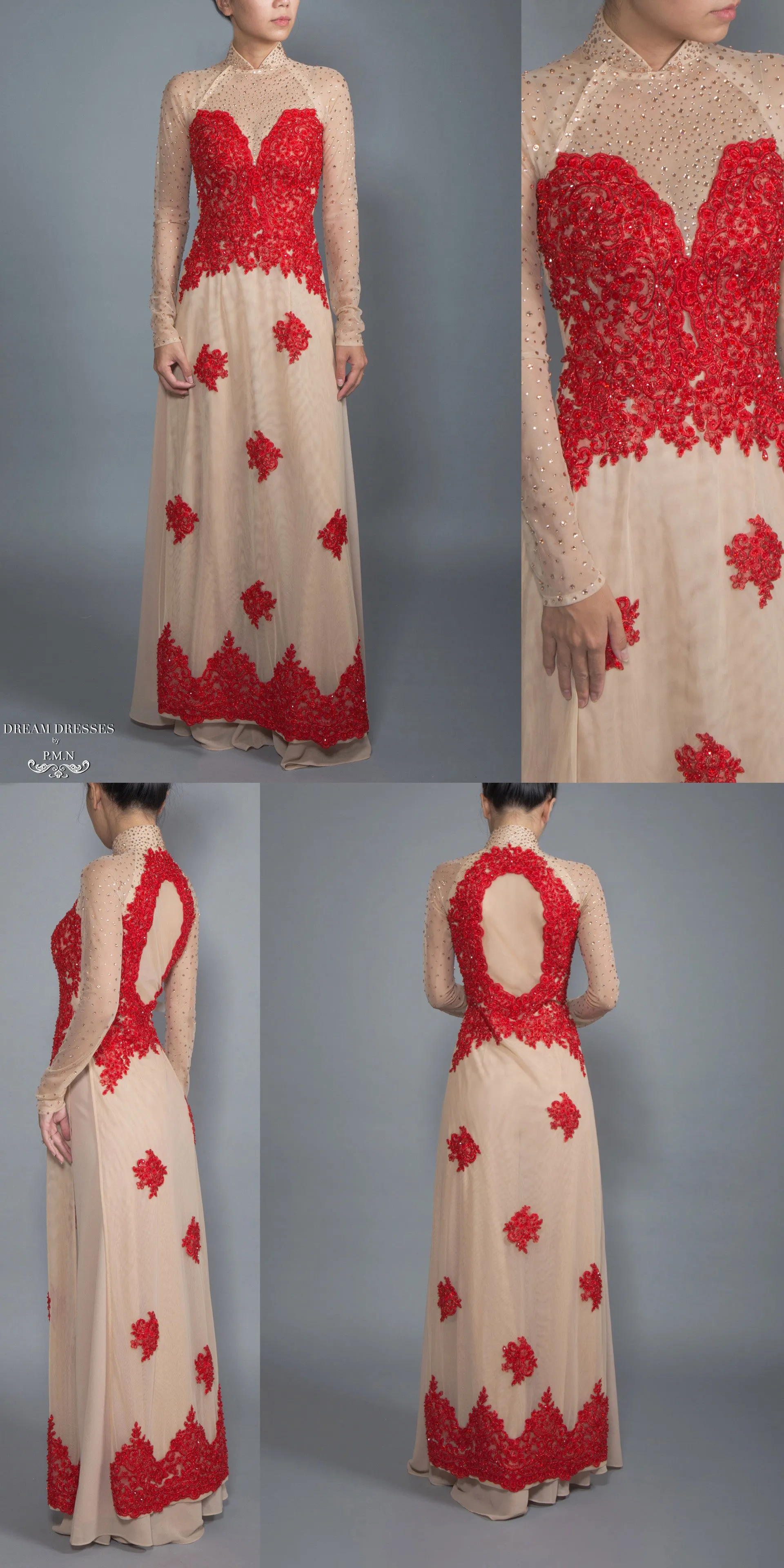 Red and Beige Ao Dai | Vietnamese Lace Bridal Dress (#CALIANA)