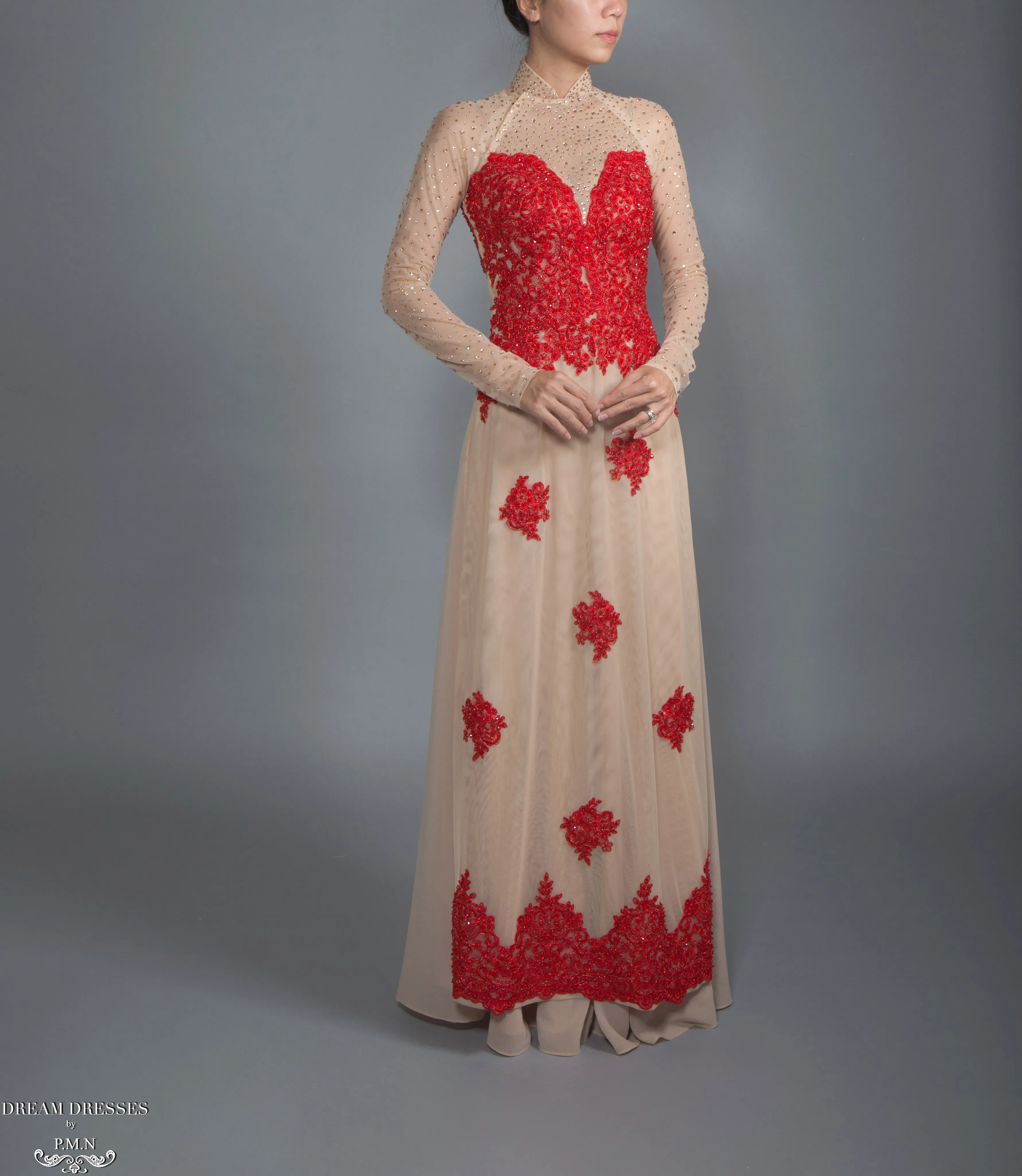 Red and Beige Ao Dai | Vietnamese Lace Bridal Dress (#CALIANA)