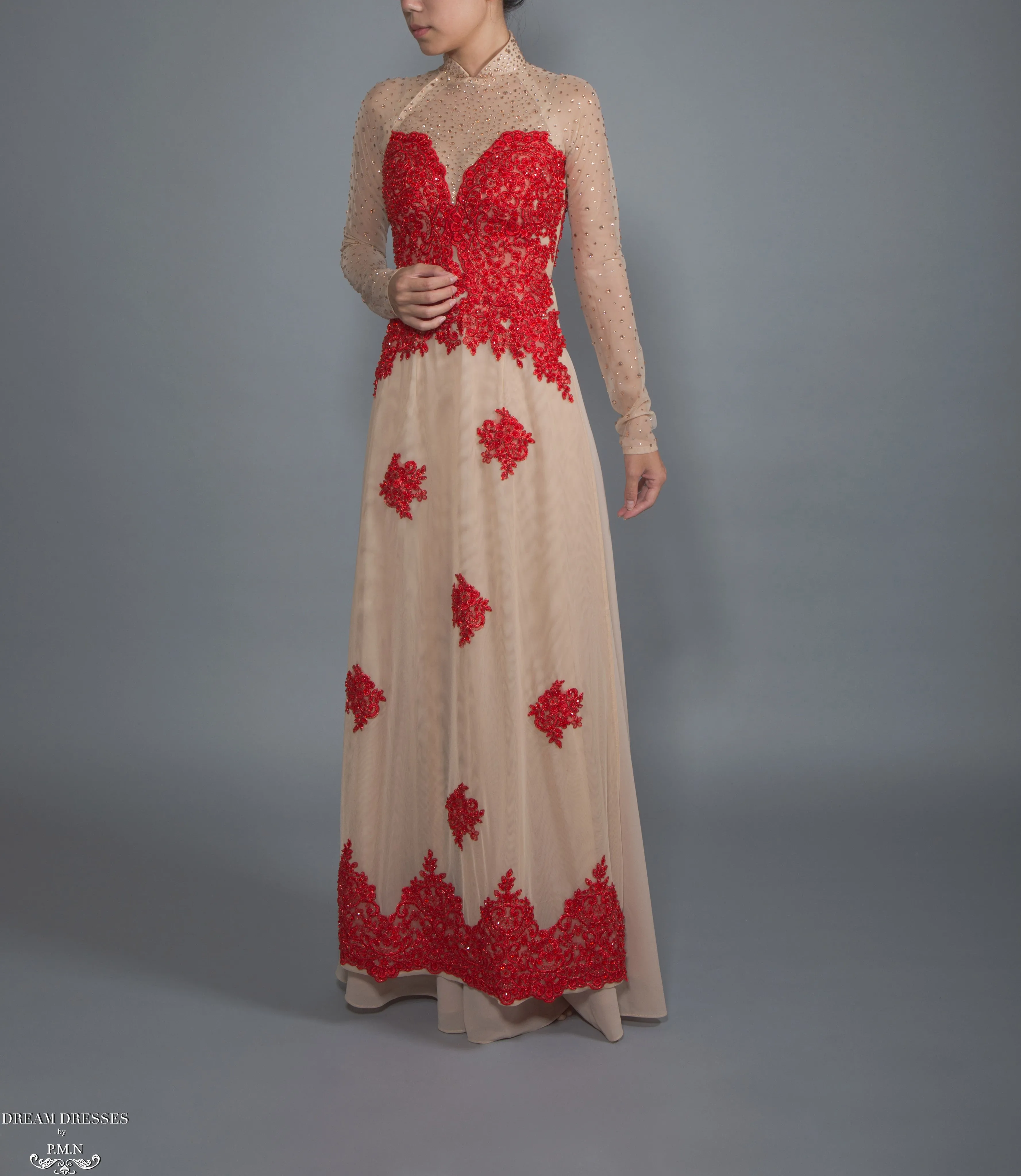 Red and Beige Ao Dai | Vietnamese Lace Bridal Dress (#CALIANA)