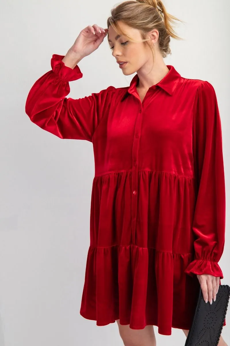 Red Button Down Velvet Dress