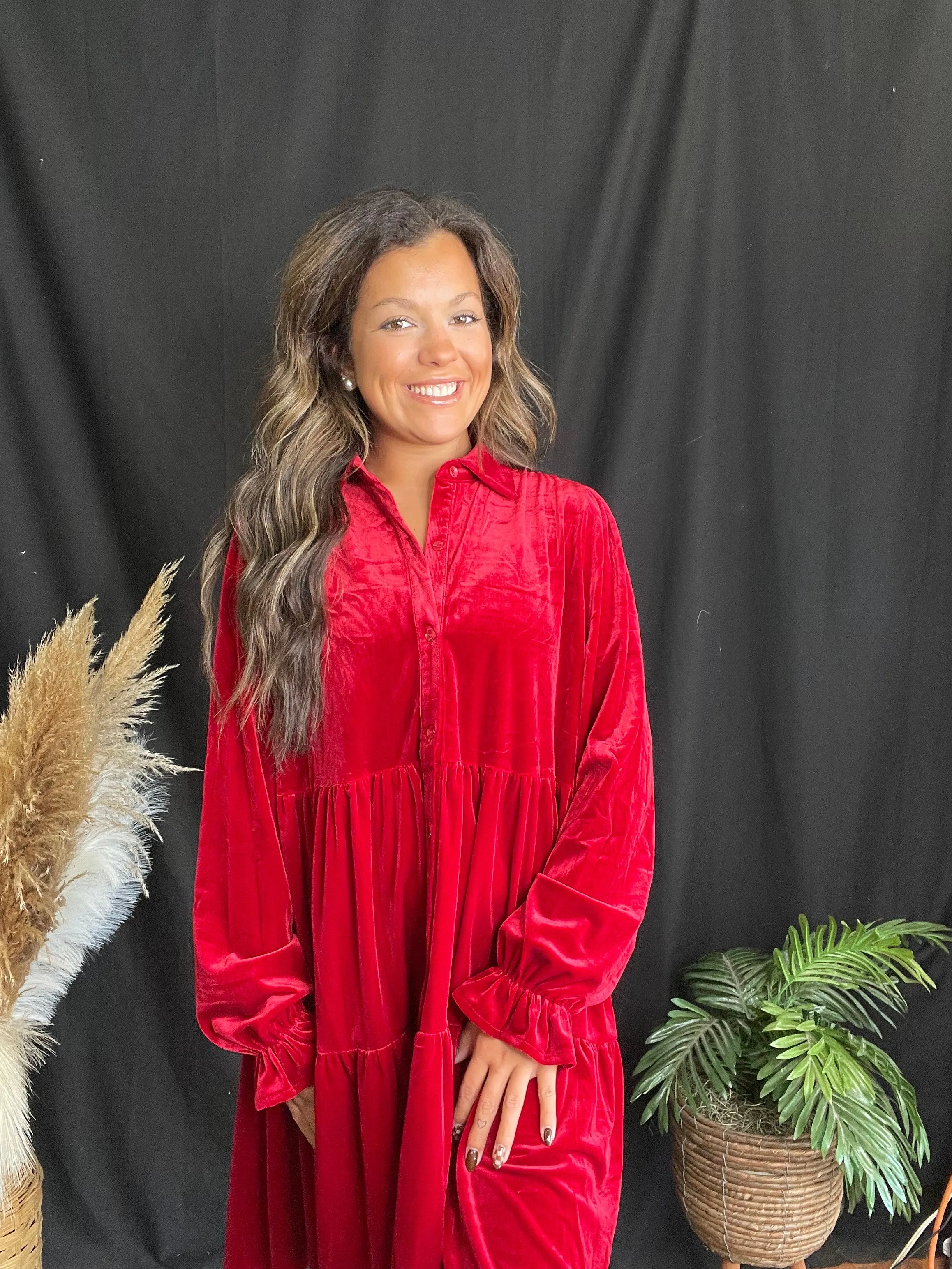 Red Button Down Velvet Dress