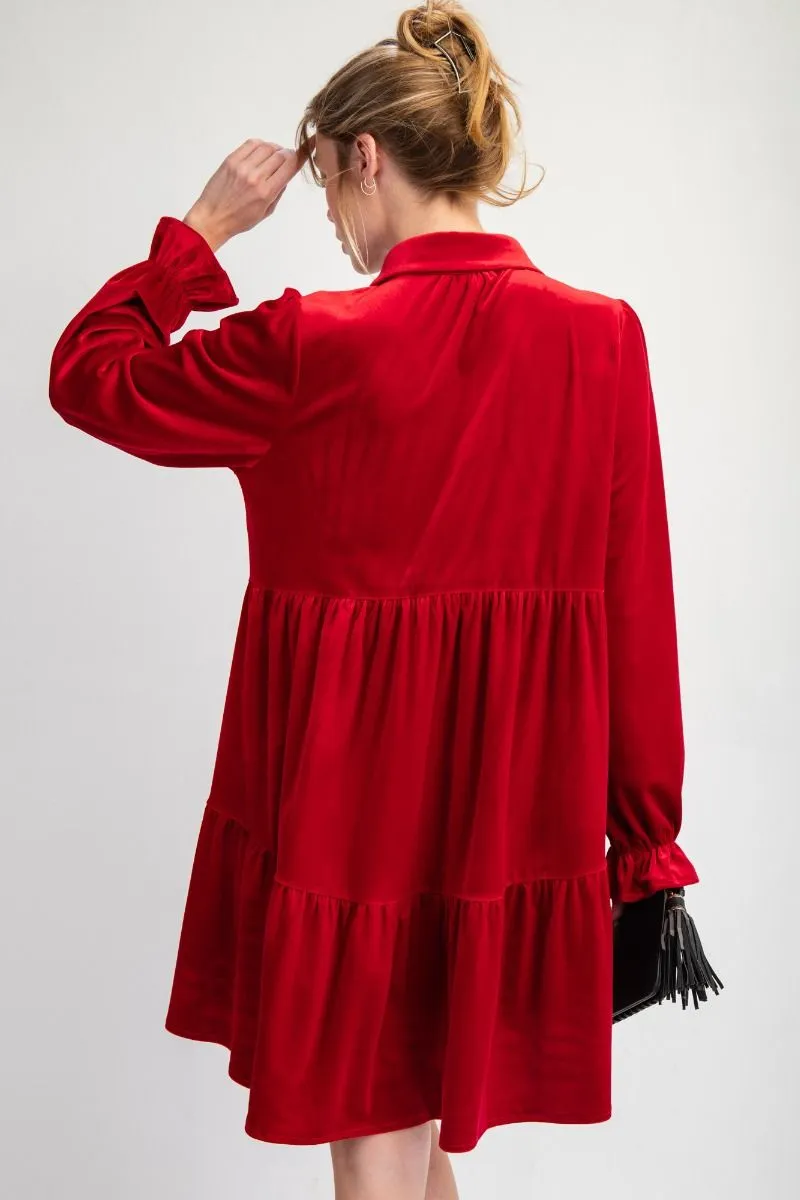 Red Button Down Velvet Dress