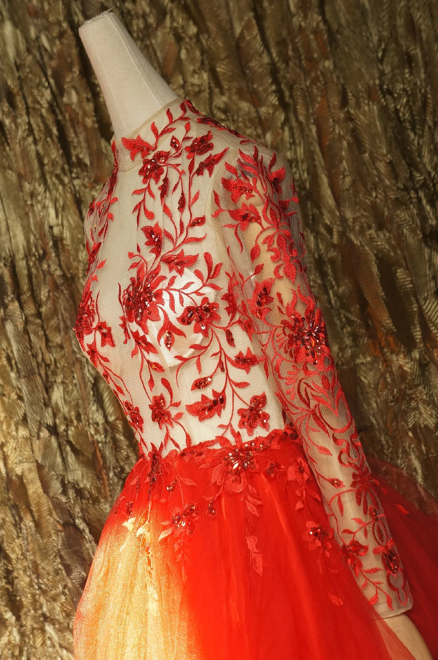 Red lace long prom dress red tulle lace short prom dress
