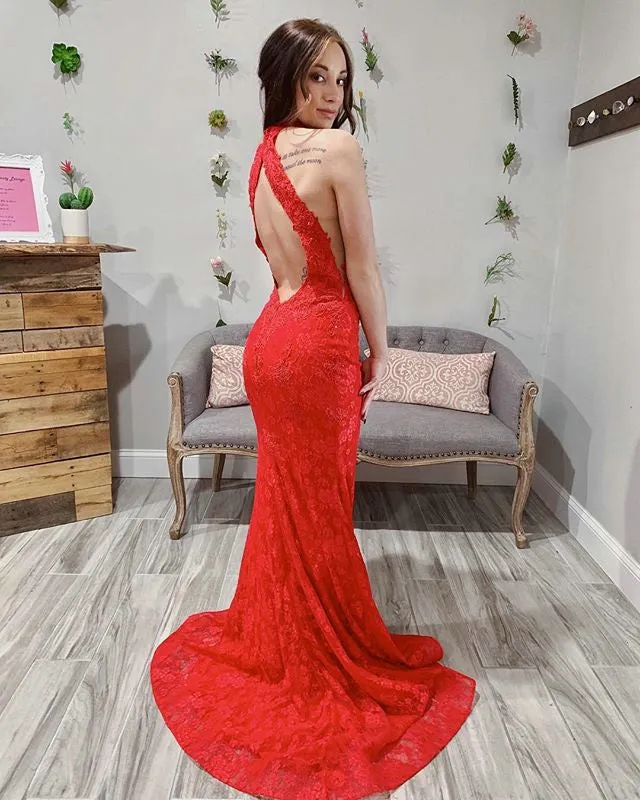 Red Lace Mermaid Prom Dresses with Halter Neckline Long Prom Party Gowns Open Back