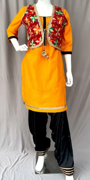 Red Phulkari Jacket with Patiala Salwar and Kurta, Bhangra dress for women, Gidda dress for women