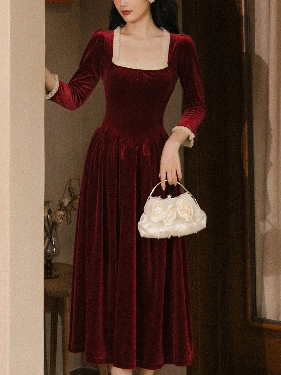Red Square Collar White Lace Velvet 1950S Hepburn Style Vintage Dress