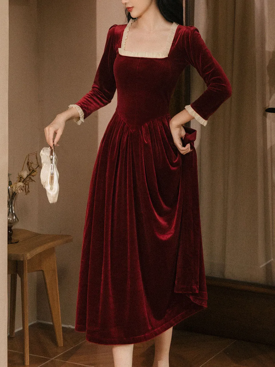 Red Square Collar White Lace Velvet 1950S Hepburn Style Vintage Dress