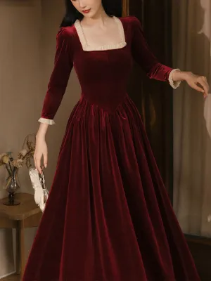Red Square Collar White Lace Velvet 1950S Hepburn Style Vintage Dress