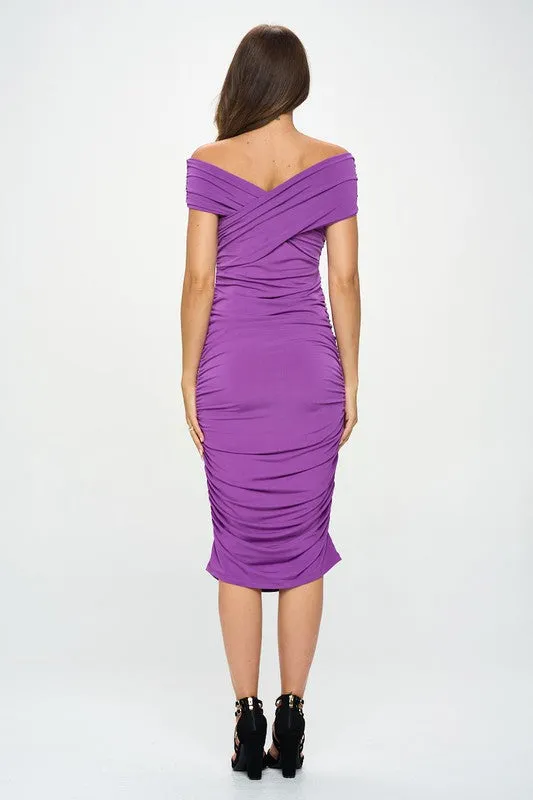 Renee C. Solid Off Shoulder Midi Bodycon Dress