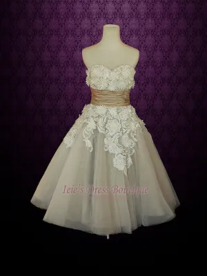 Retro Vintage 50s Mocha Sweetheart Short Tea Length Wedding Dress with Daisy Flower Applique | Shaunte