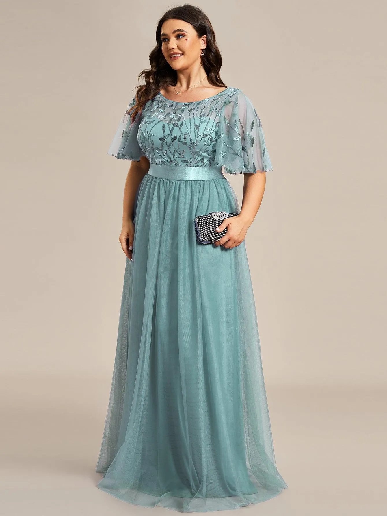 Robe de soirée brodée à manches courtes pour femmes de Grande taille
