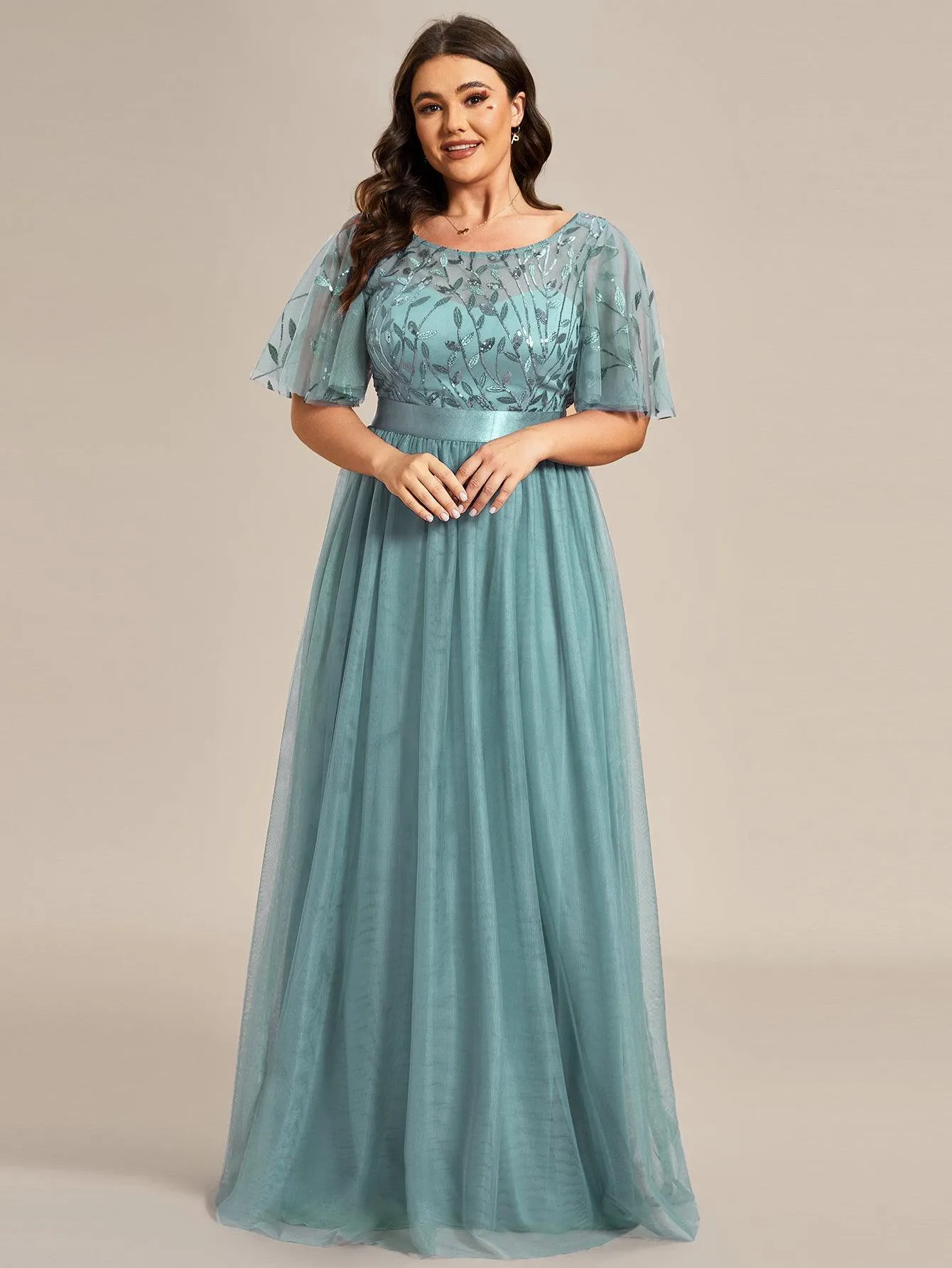 Robe de soirée brodée à manches courtes pour femmes de Grande taille