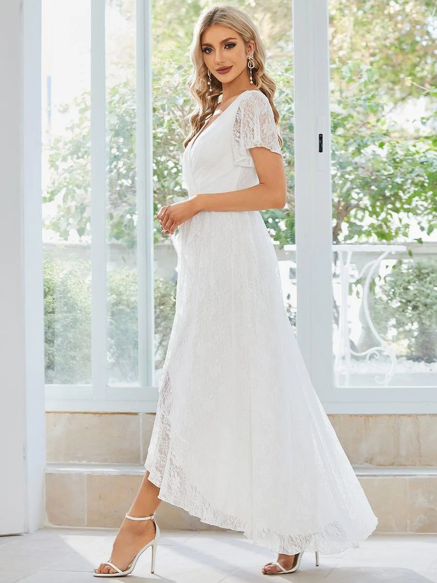Robe de soirée en dentelle plissée à manches courtes et col en V