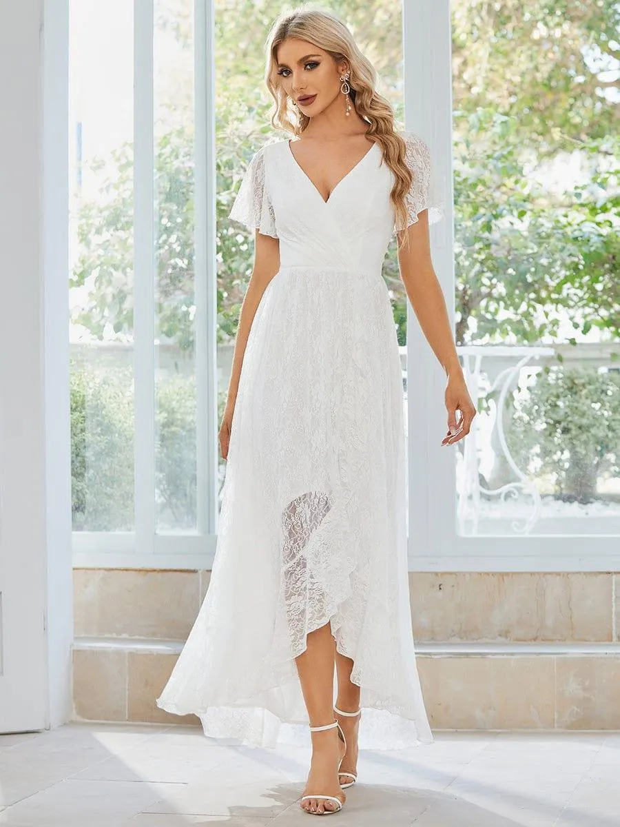 Robe de soirée en dentelle plissée à manches courtes et col en V
