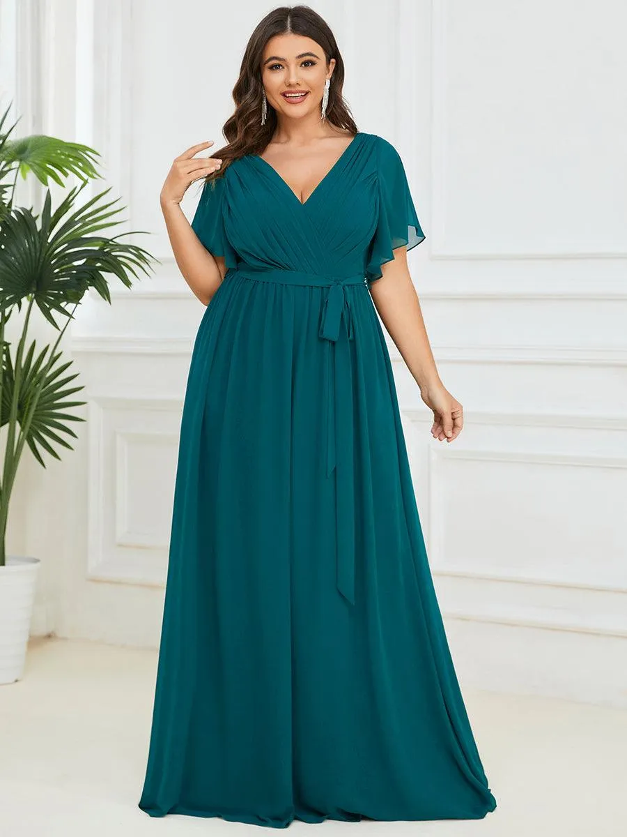 Robe de soirée en mousseline de soie longue de grande taille à encolure en V Maxi