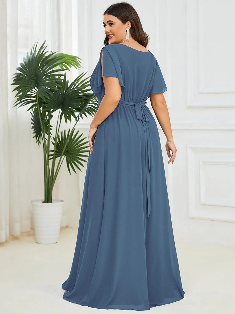Robe de soirée en mousseline de soie longue de grande taille à encolure en V Maxi