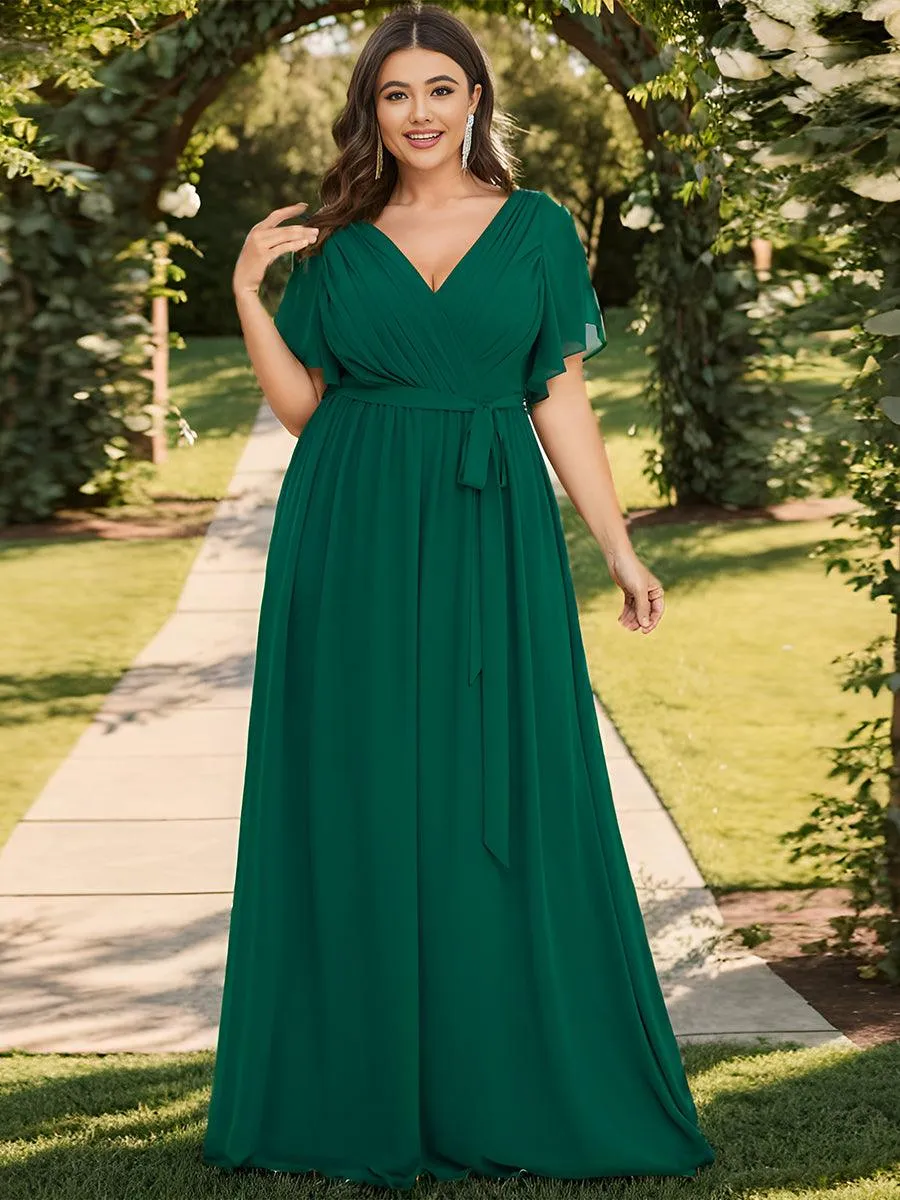 Robe de soirée en mousseline de soie longue de grande taille à encolure en V Maxi