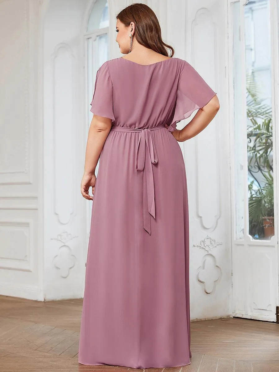 Robe de soirée en mousseline de soie longue de grande taille à encolure en V Maxi