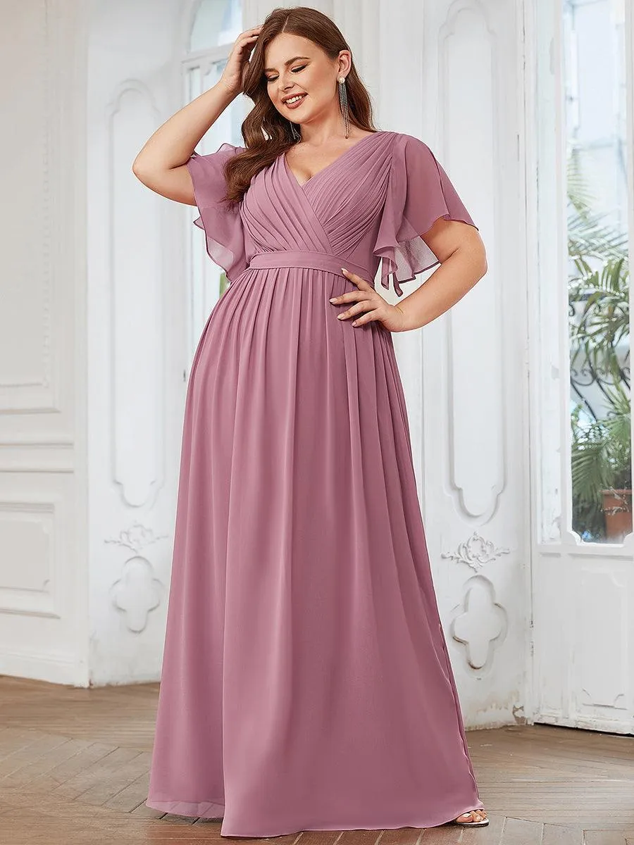 Robe de soirée en mousseline de soie longue de grande taille à encolure en V Maxi