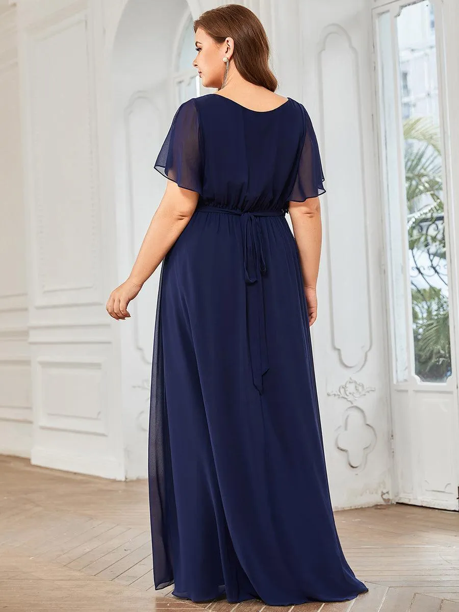 Robe de soirée en mousseline de soie longue de grande taille à encolure en V Maxi
