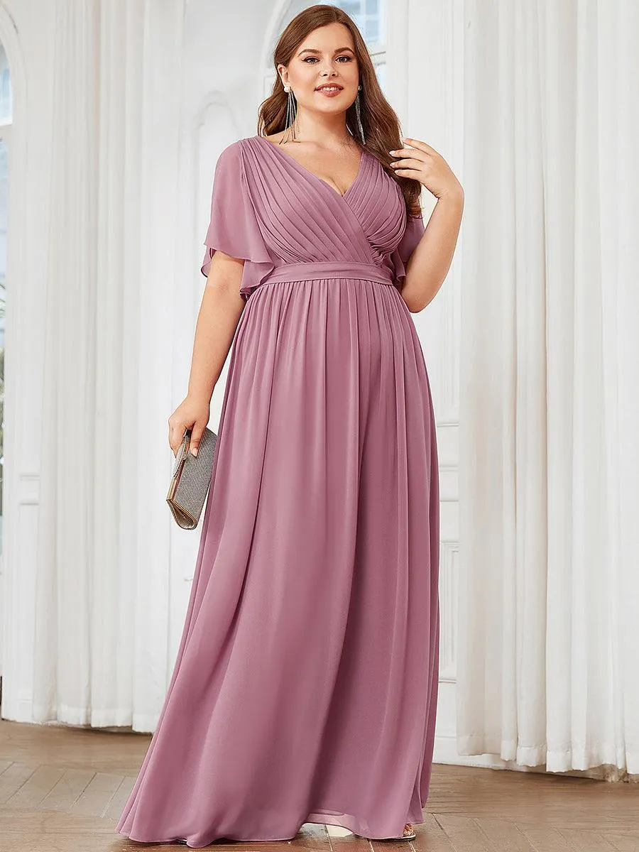 Robe de soirée en mousseline de soie longue de grande taille à encolure en V Maxi