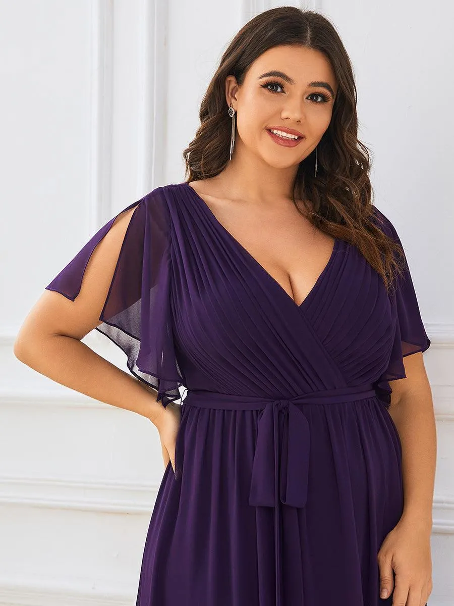 Robe de soirée en mousseline de soie longue de grande taille à encolure en V Maxi