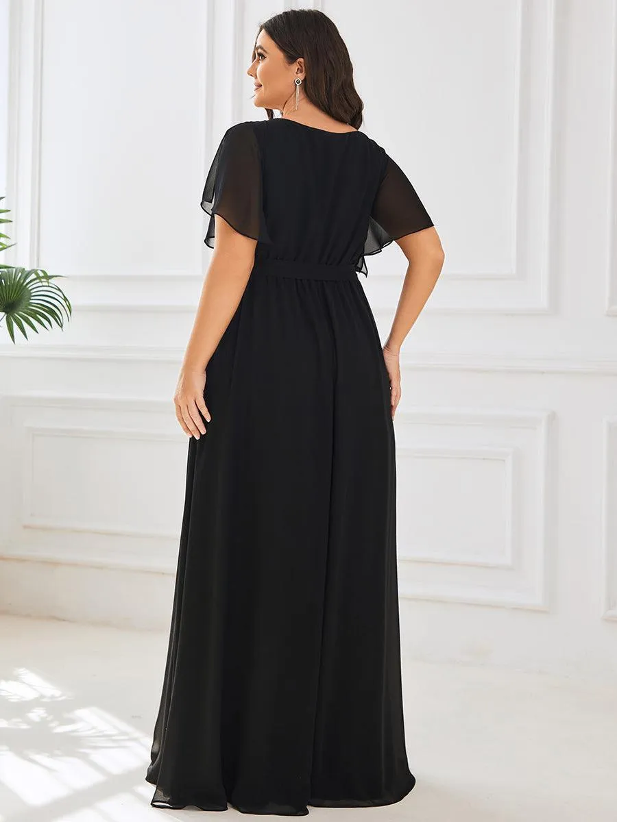 Robe de soirée en mousseline de soie longue de grande taille à encolure en V Maxi