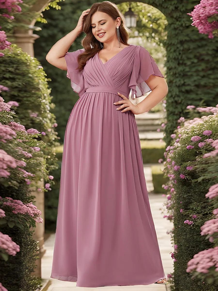 Robe de soirée en mousseline de soie longue de grande taille à encolure en V Maxi