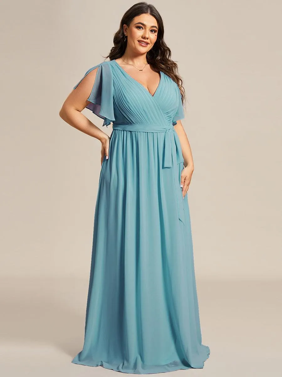 Robe de soirée en mousseline de soie longue de grande taille à encolure en V Maxi