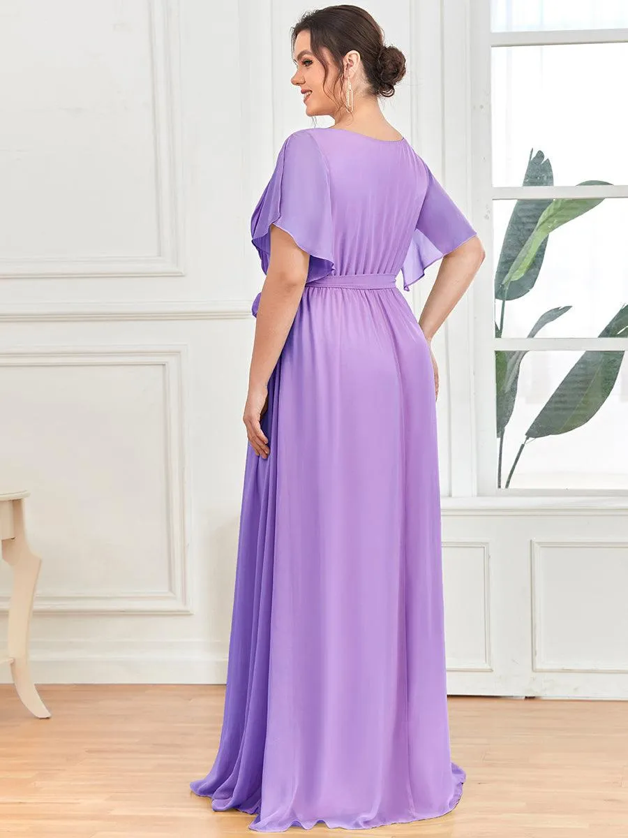 Robe de soirée en mousseline de soie longue de grande taille à encolure en V Maxi
