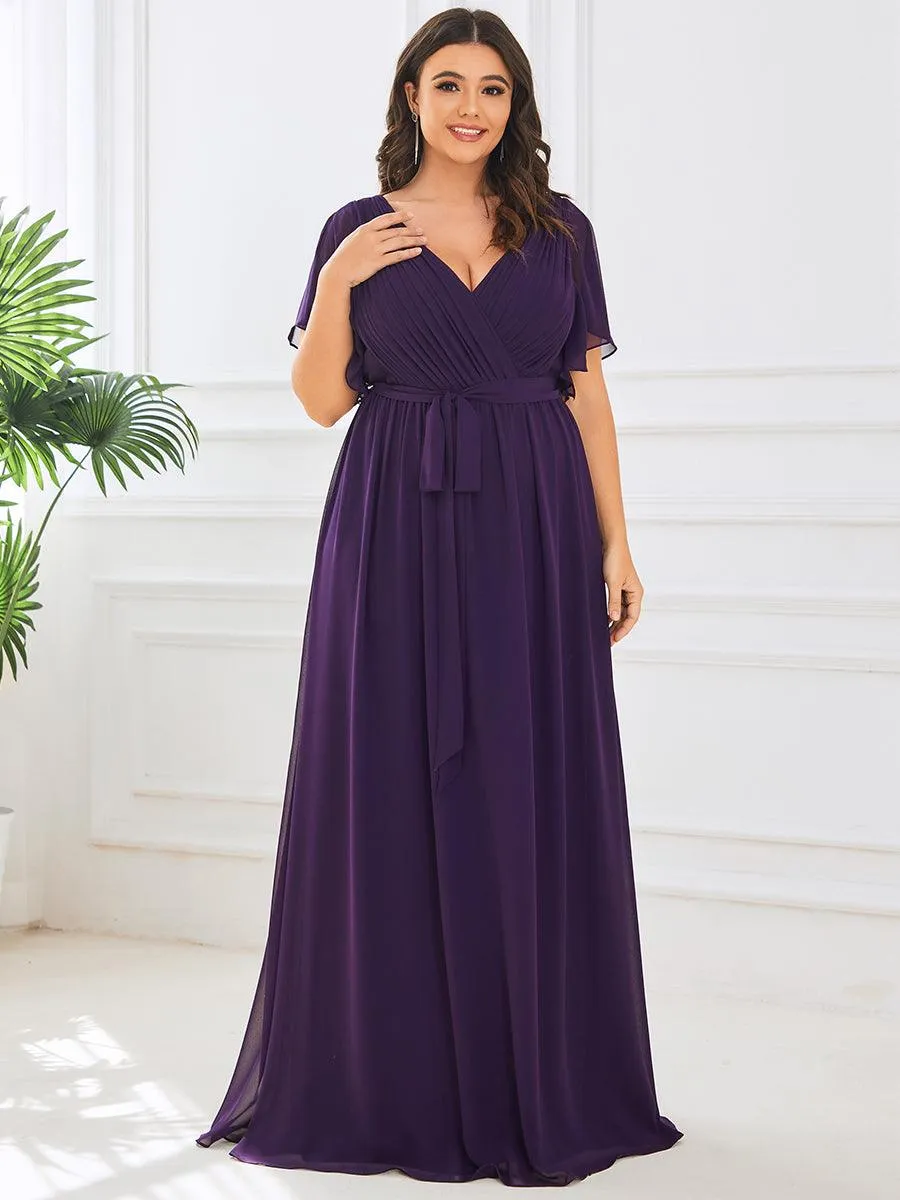 Robe de soirée en mousseline de soie longue de grande taille à encolure en V Maxi