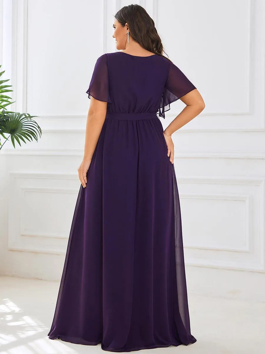 Robe de soirée en mousseline de soie longue de grande taille à encolure en V Maxi