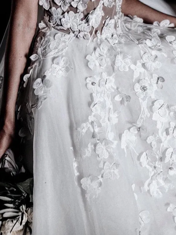Romantic Floral Appliqued Boho Tulle A-line Sweetheart Wedding Dress, SW341