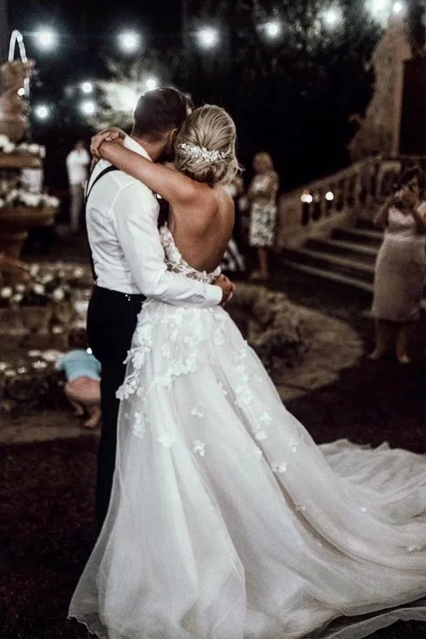 Romantic Floral Appliqued Boho Tulle A-line Sweetheart Wedding Dress, SW341