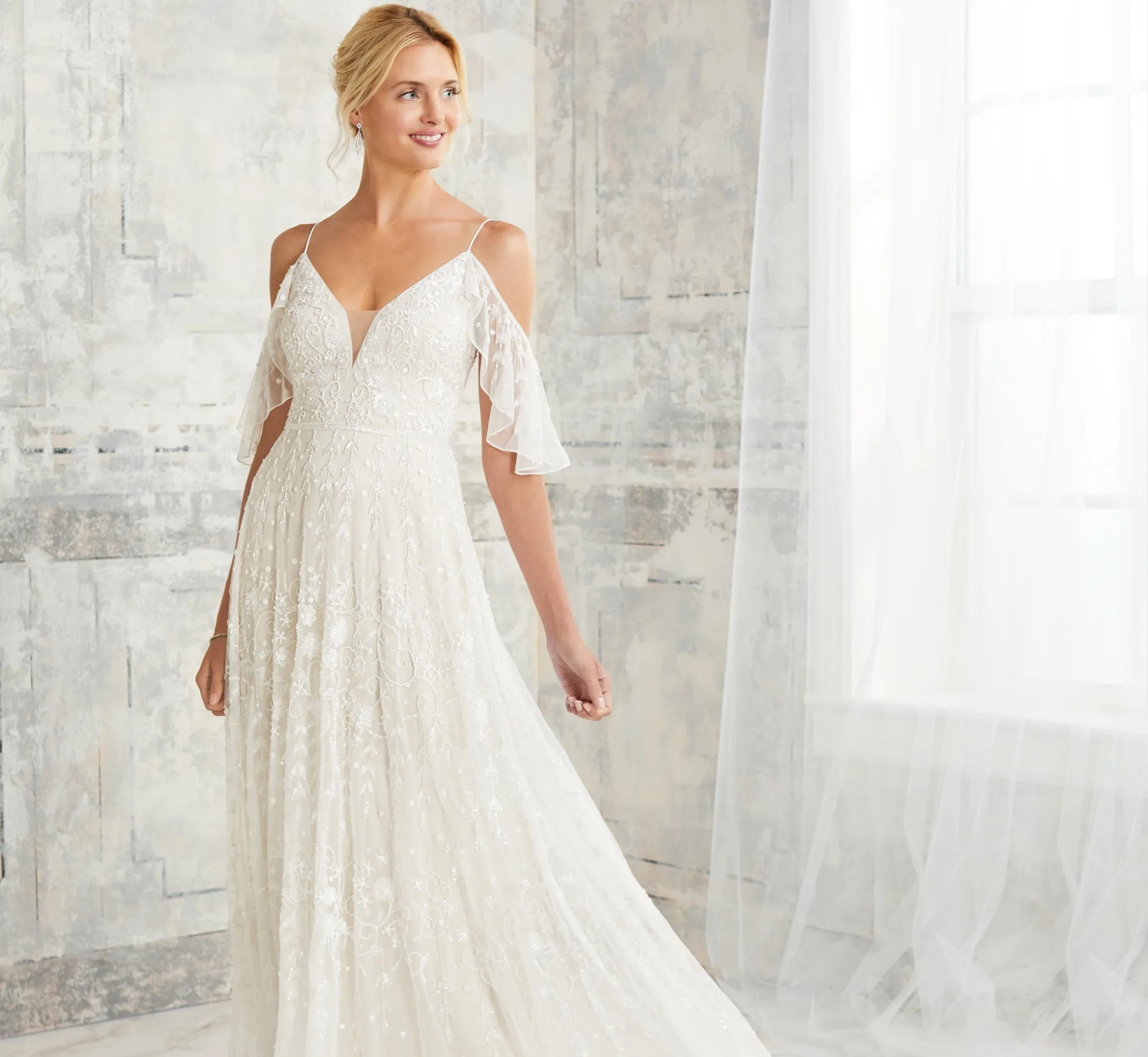 Romantic Floral Hand-Beaded Platinum Wedding Gown In Ivory Ivory