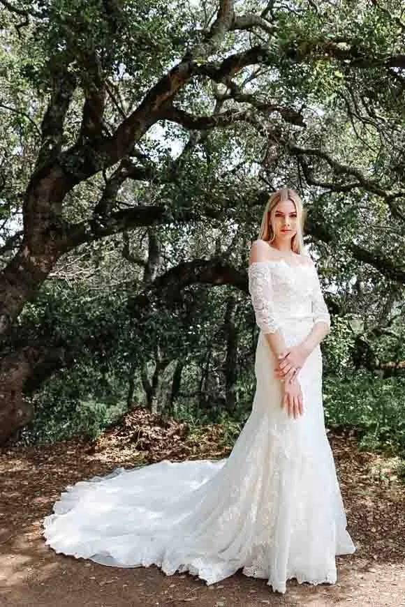 Rosa Rugosa- off-the-shoulder Venice cord lace pearl beaded modified mermaid gown