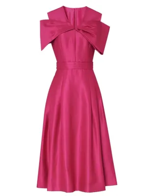 Rose Luxury Bow V Neck High Waist Swing Party Dress
