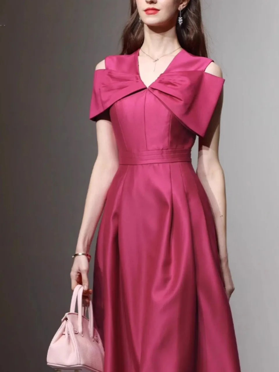 Rose Luxury Bow V Neck High Waist Swing Party Dress