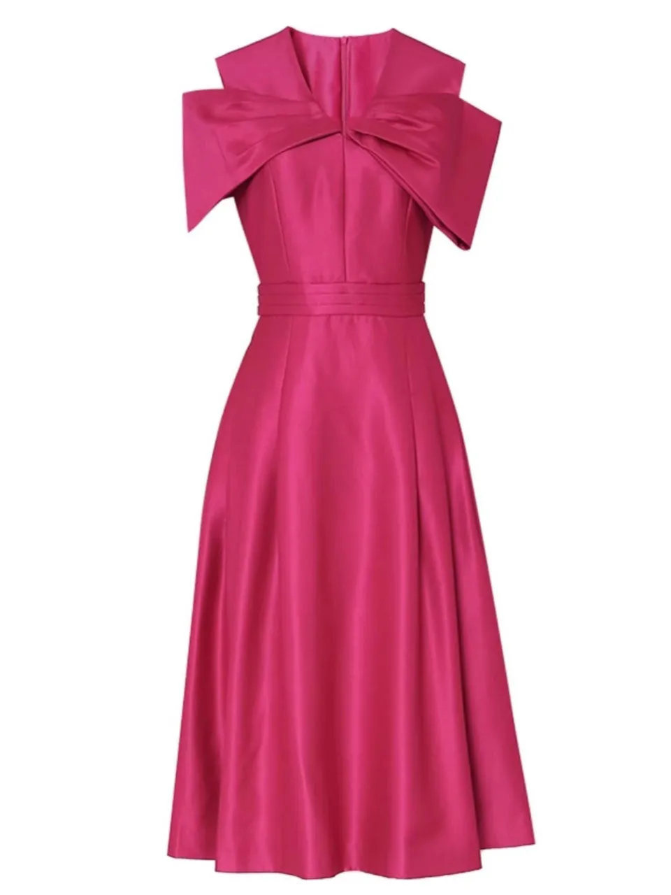 Rose Luxury Bow V Neck High Waist Swing Party Dress