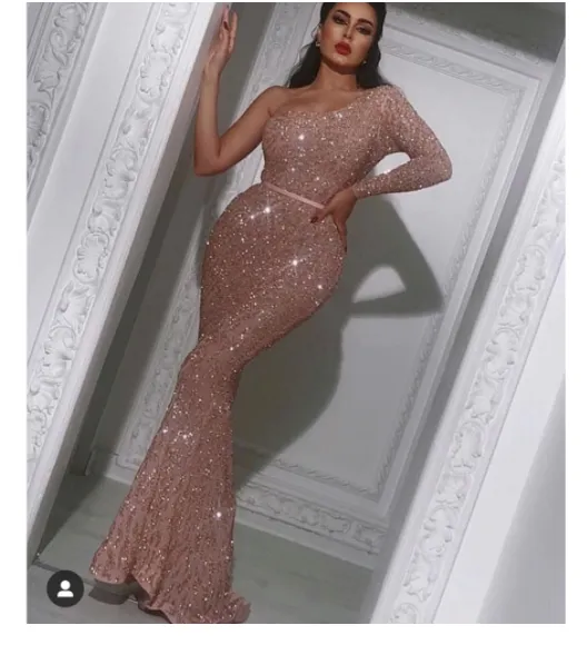 rose pink evening dresses long one shoulder sparkly mermaid fishtail elegant arabic evening gown