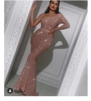 rose pink evening dresses long one shoulder sparkly mermaid fishtail elegant arabic evening gown
